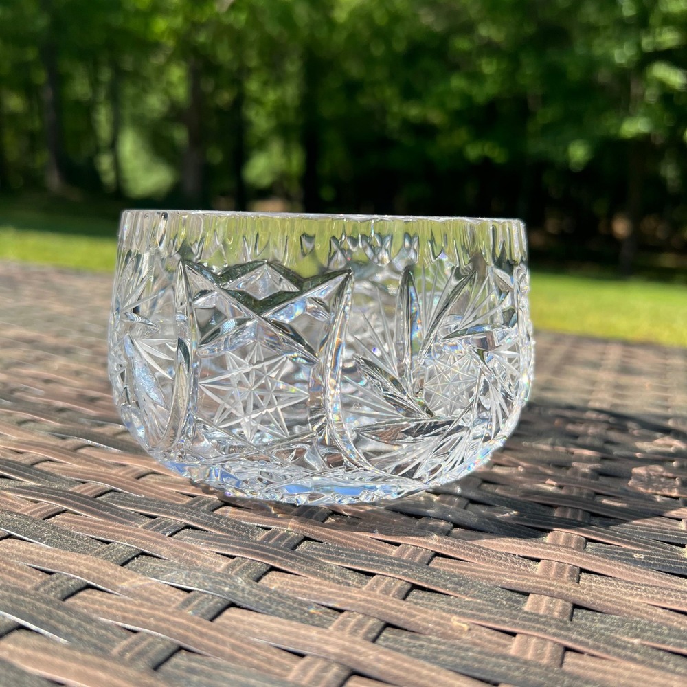 Vintage Heavyβ Cut Crystal Bowl Geometric Star Pattern Centerpiece